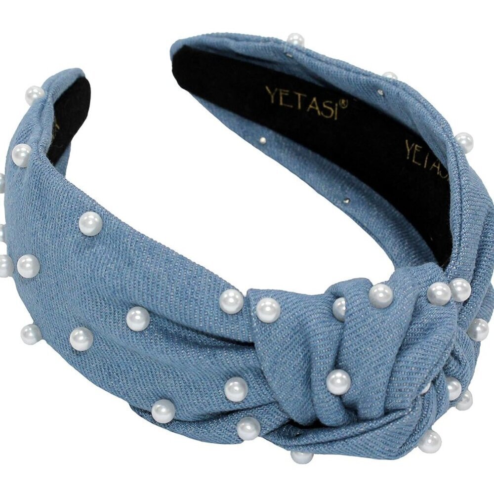 Denim Blue Pearl Knotted Headbands for Women Go with Everything.Comfy Soft Fabri